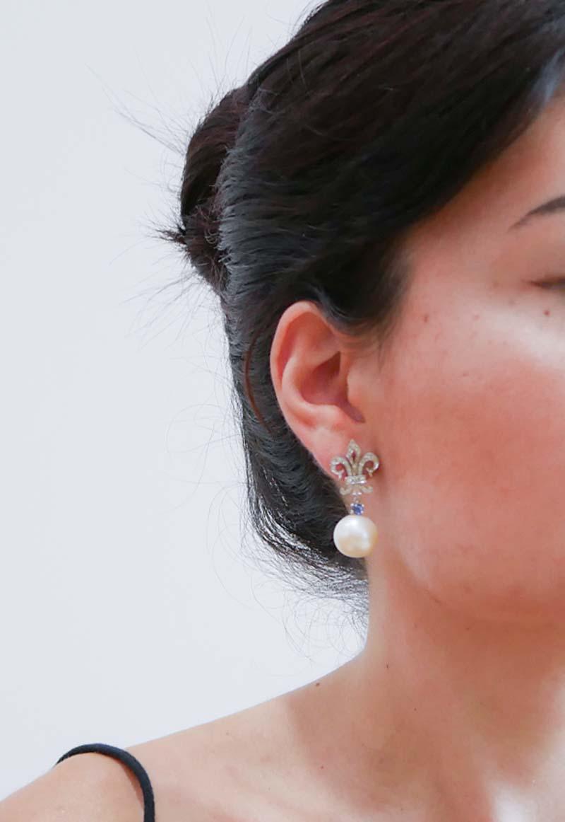 Mixed Cut 14 Mm Pearls, Sapphires, Diamonds, 14 Karat White Gold Earrings. For Sale