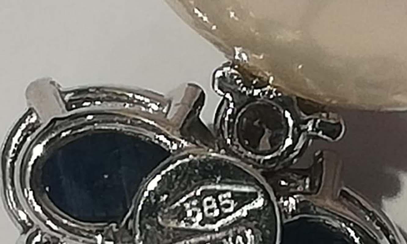 Women's 14 Mm Pearls, Sapphires, Diamonds, 14 Karat White Gold Earrings. For Sale
