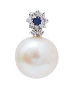 14 Mm Pearls, Sapphires, Diamonds, 14 Kt White Gold Earrings.