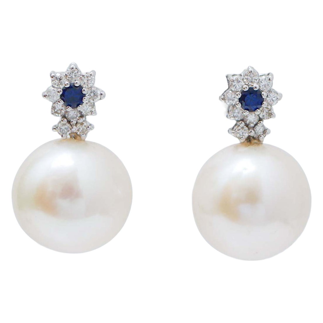14 Mm Pearls, Sapphires, Diamonds, 14 Kt White Gold Earrings.