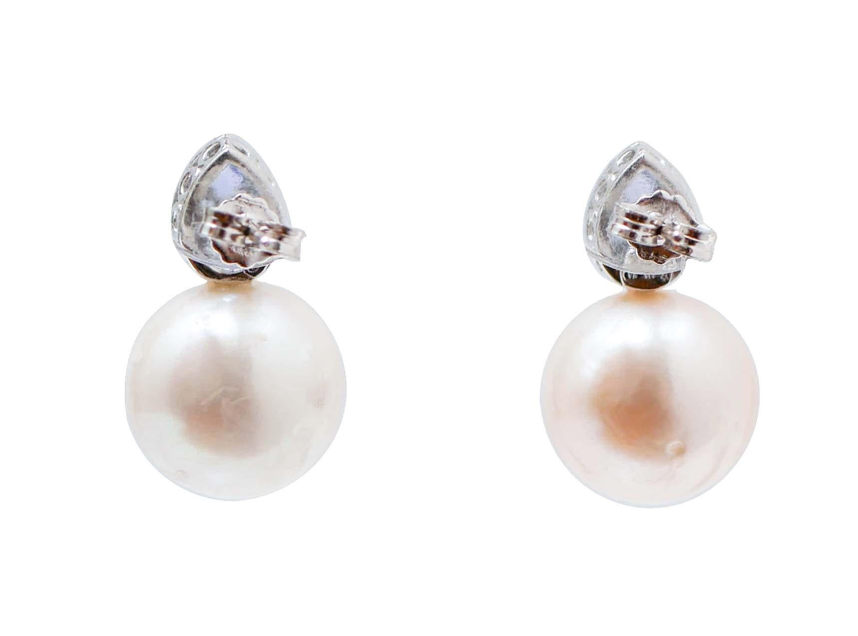 Retro 14 Mm Pearls, Tanzanite, Diamonds, 14 Karat White Gold Earrings.