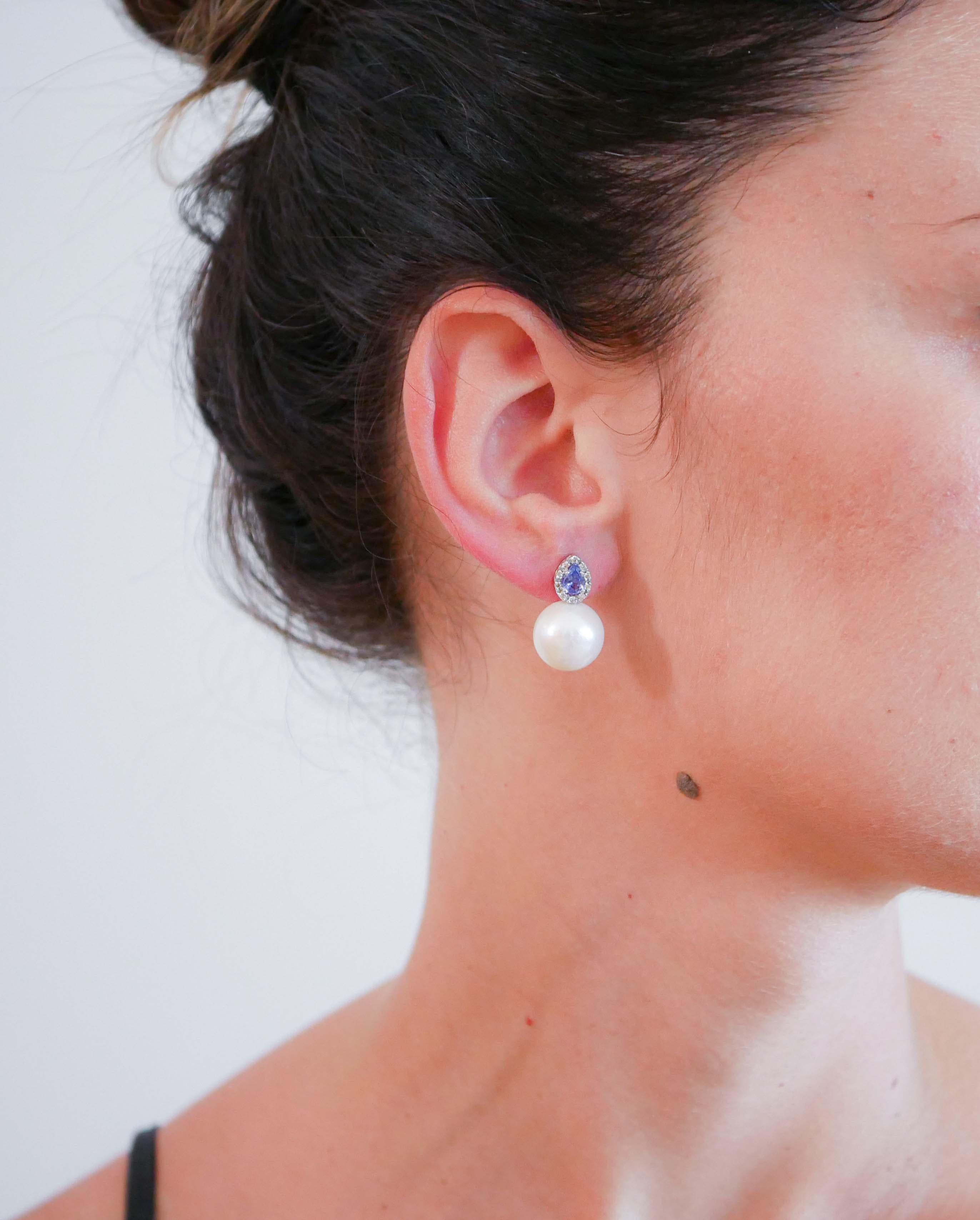 Mixed Cut 14 Mm Pearls, Tanzanite, Diamonds, 14 Karat White Gold Earrings.