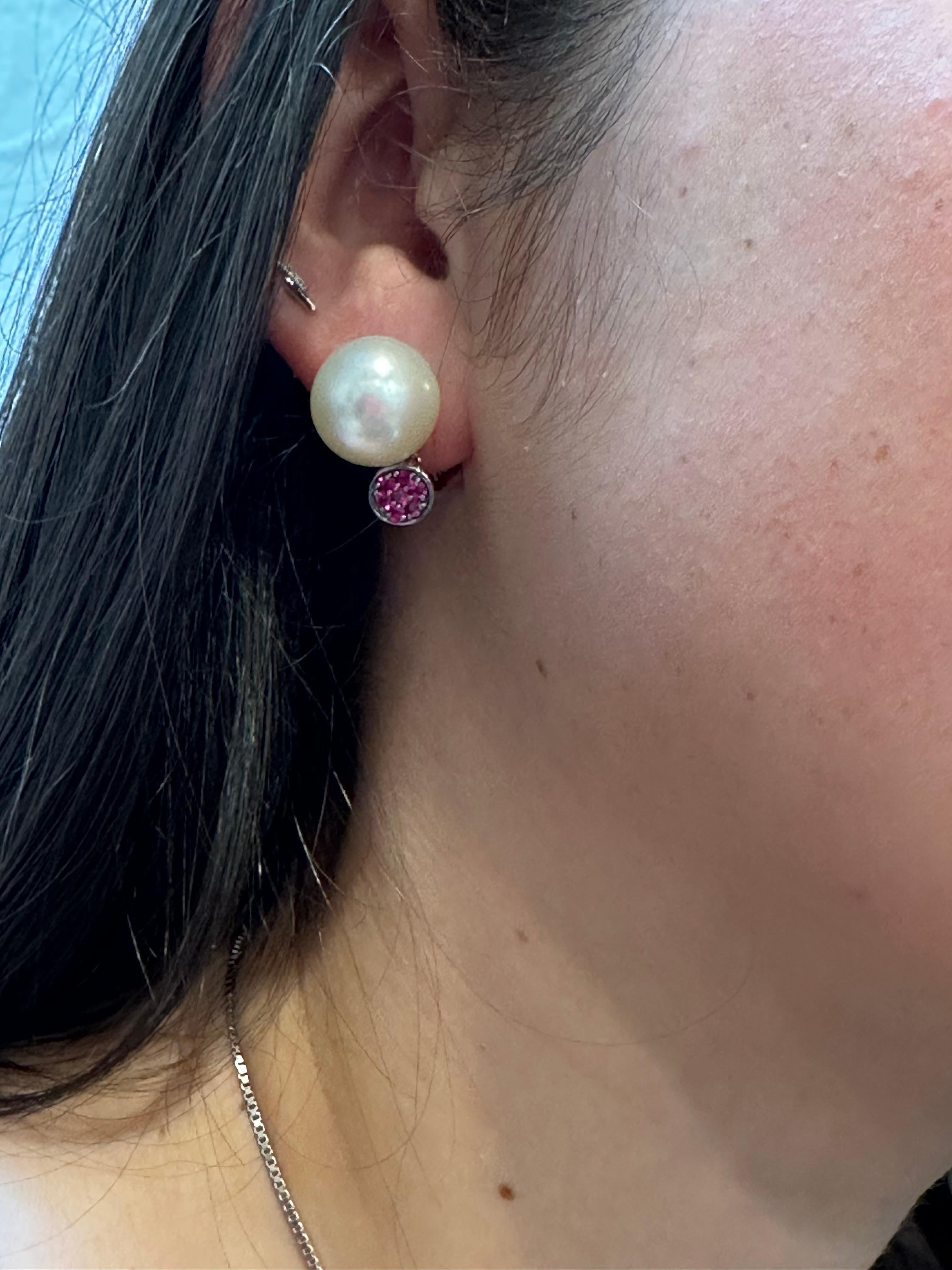 14 mm Round South Sea Pearl & Ruby Cocktail Stud Earrings 18 Karat White  Gold For Sale 6