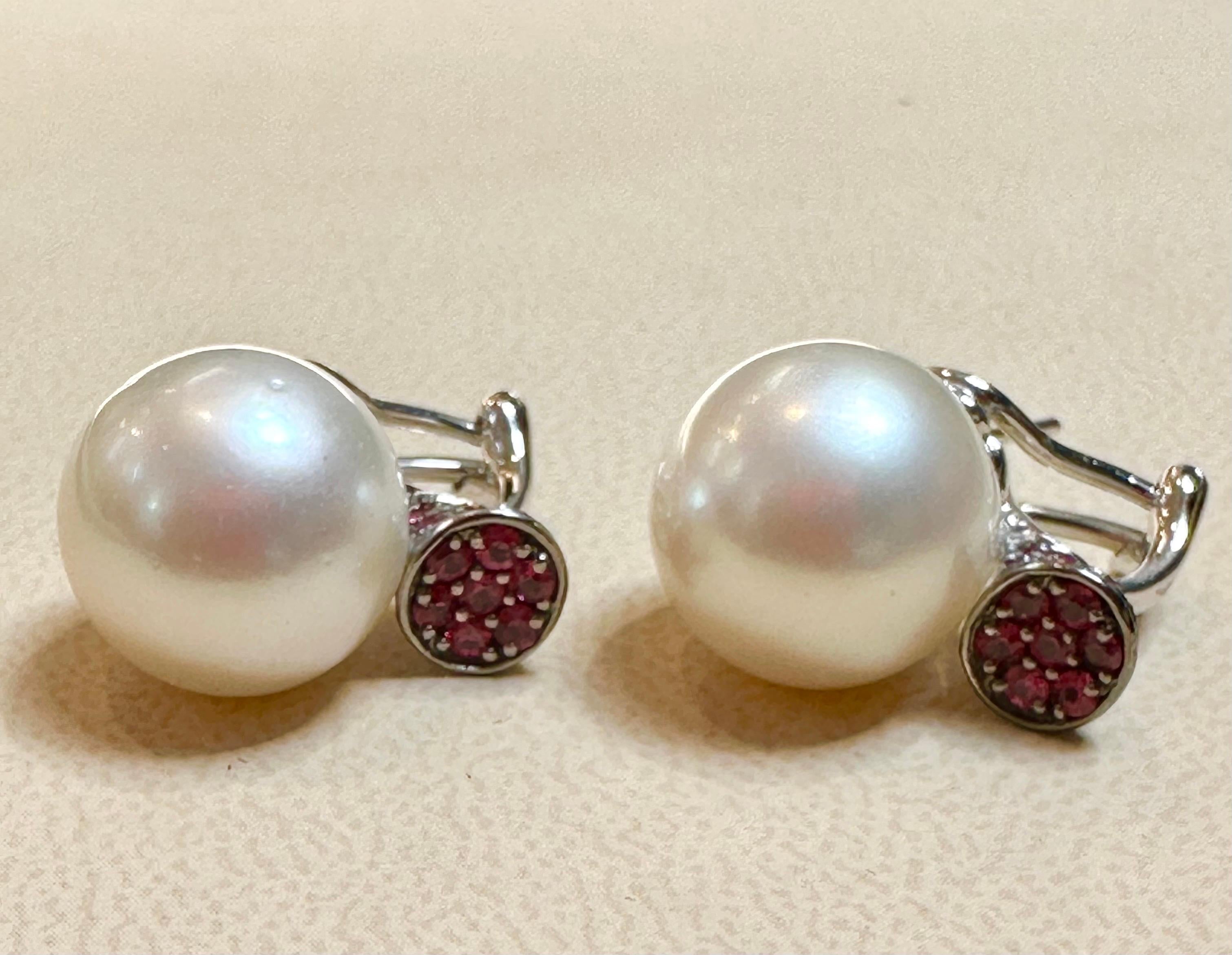 Round Cut 14 mm Round South Sea Pearl & Ruby Cocktail Stud Earrings 18 Karat White  Gold For Sale