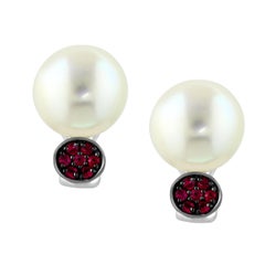 14 mm Round South Sea Pearl & Ruby Cocktail Stud Earrings 18 Karat White  Gold
