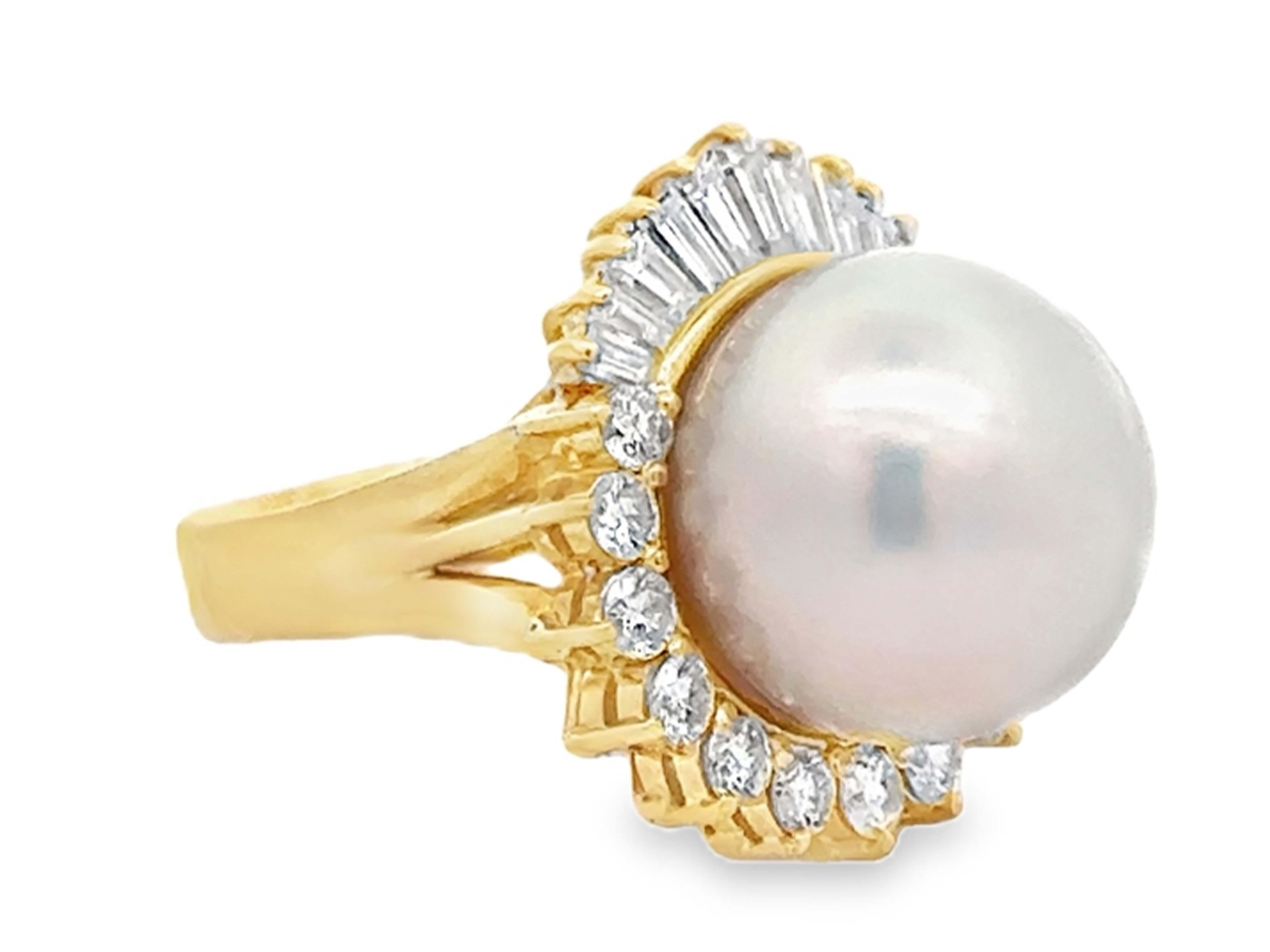 14 MM Anillo Halo de Perlas del Mar del Sur Brillantes y Diamantes Baguette Oro Amarillo 18k Moderno en venta