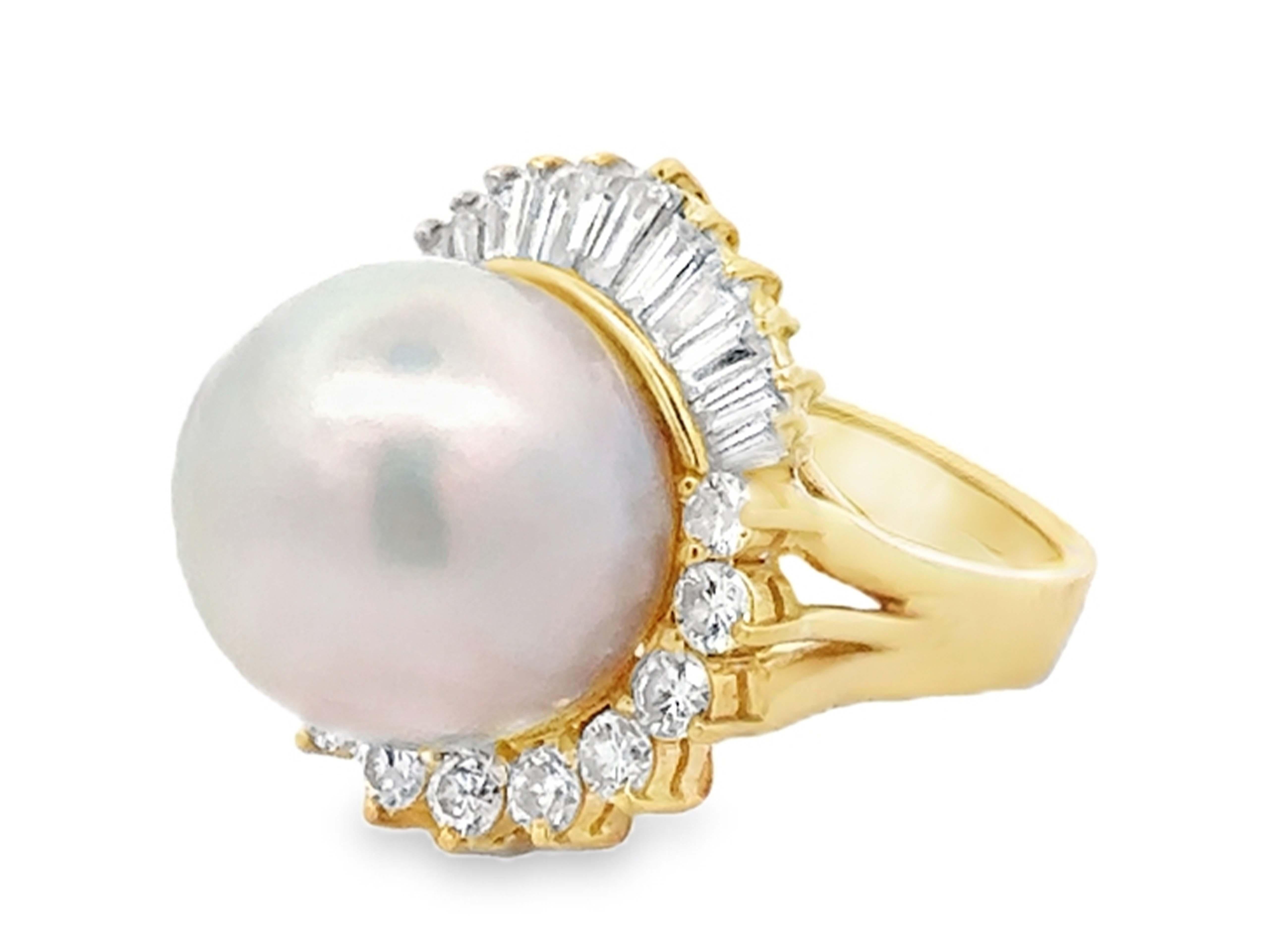 14 MM Anillo Halo de Perlas del Mar del Sur Brillantes y Diamantes Baguette Oro Amarillo 18k Corte redondo en venta