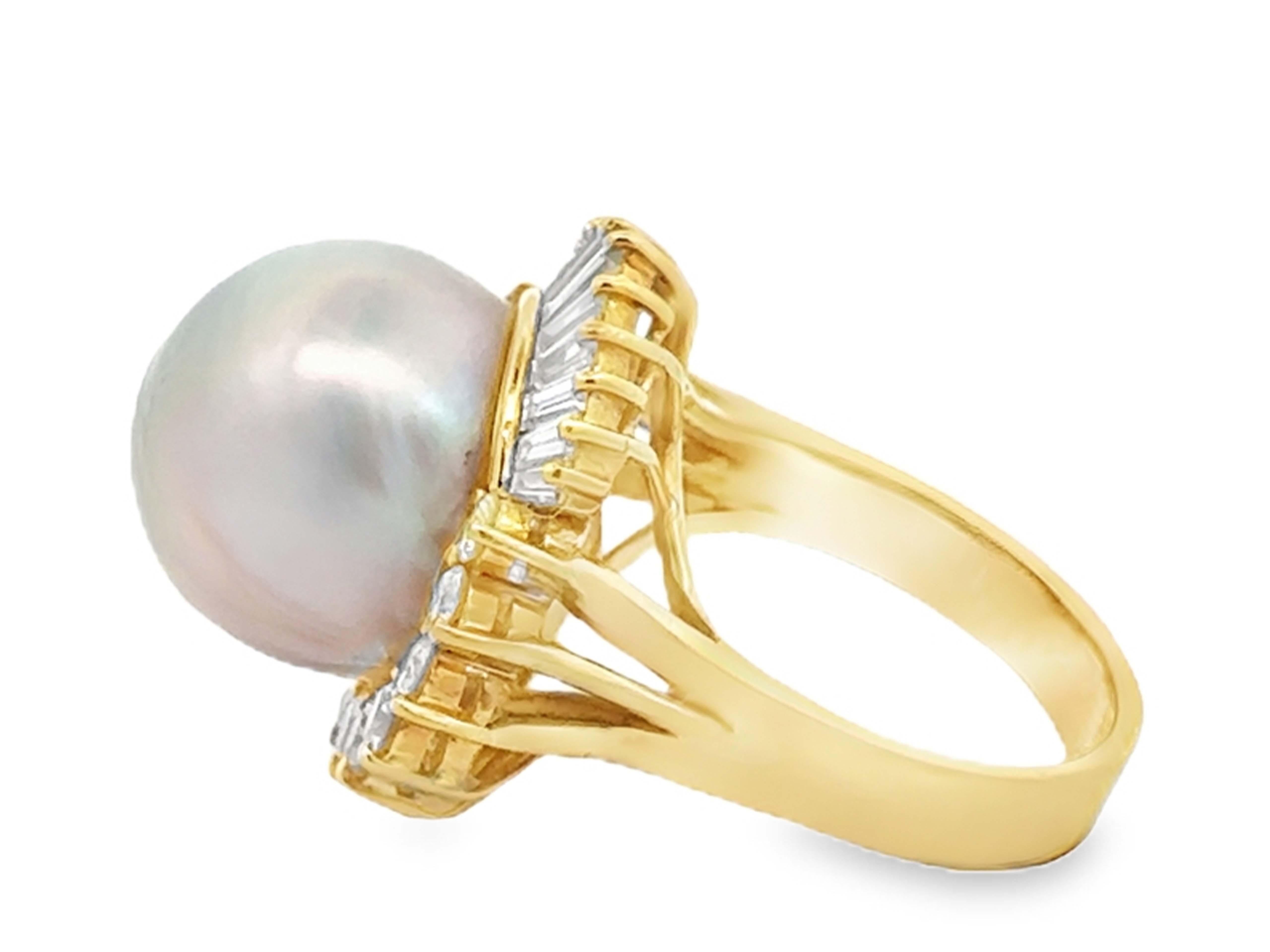 De las mujeres 14 MM Anillo Halo de Perlas del Mar del Sur Brillantes y Diamantes Baguette Oro Amarillo 18k en venta