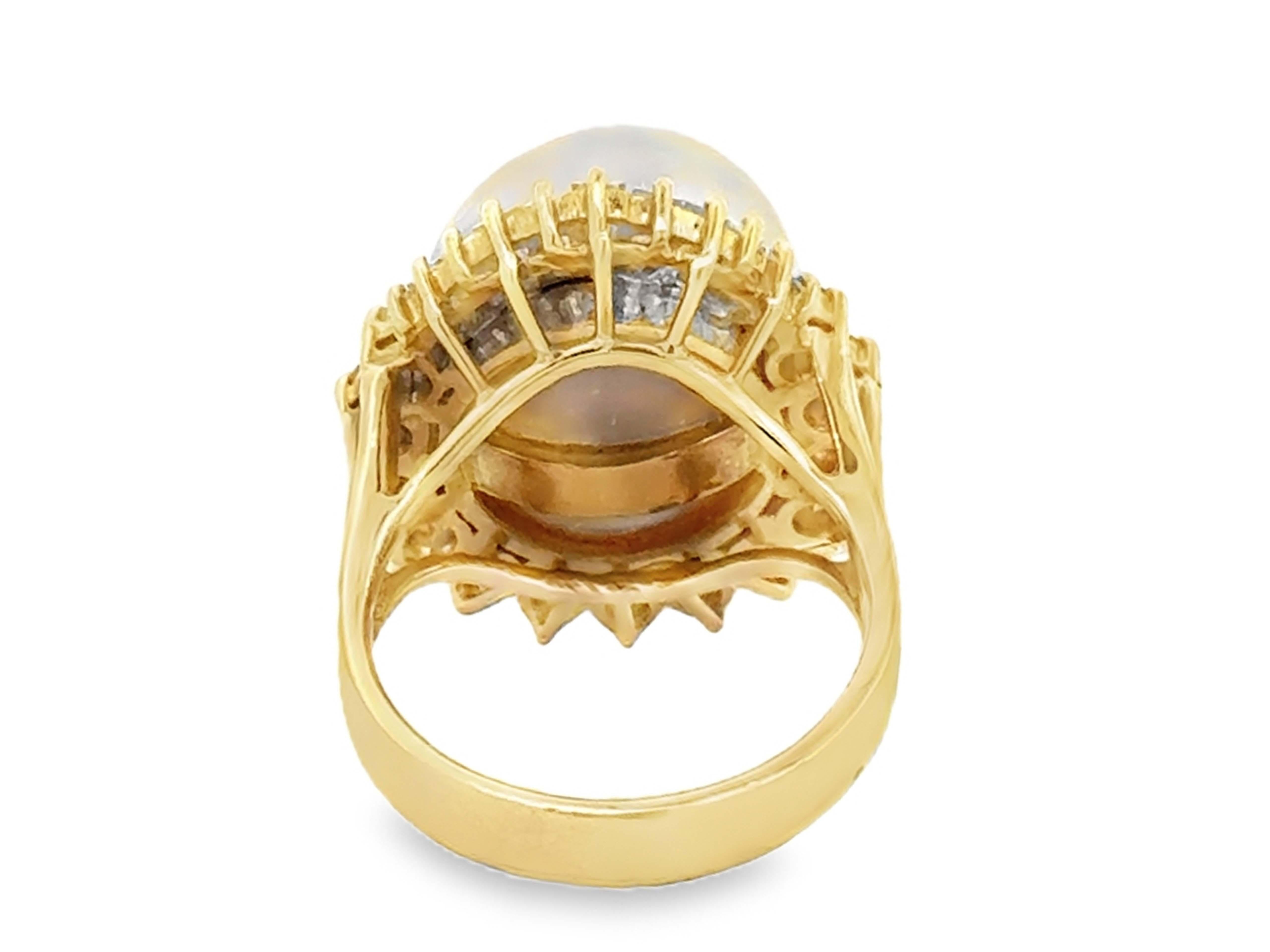 14 MM Anillo Halo de Perlas del Mar del Sur Brillantes y Diamantes Baguette Oro Amarillo 18k en venta 1