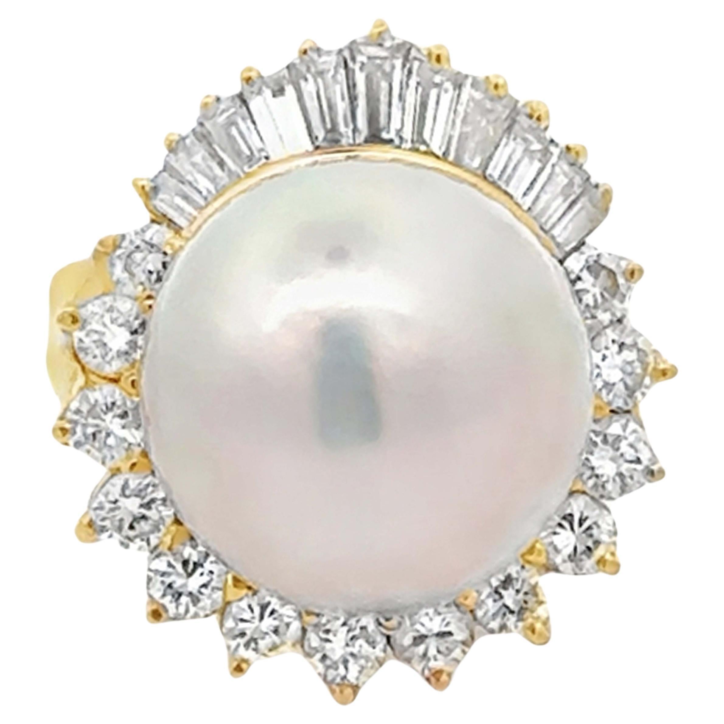 14 MM Anillo Halo de Perlas del Mar del Sur Brillantes y Diamantes Baguette Oro Amarillo 18k en venta