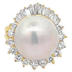 14 MM South Sea Pearl Brilliant and Baguette Diamond Halo Ring 18k Yellow Gold