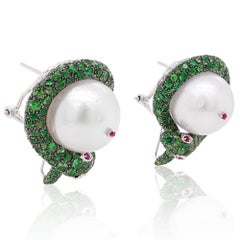 14 MM South Sea Pearl Wrapped In Tsavorite Snake Designer Earring 18K