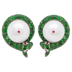 14 MM South Sea Pearl Wrapped In Tsavorite Snake Designer Earring 18K