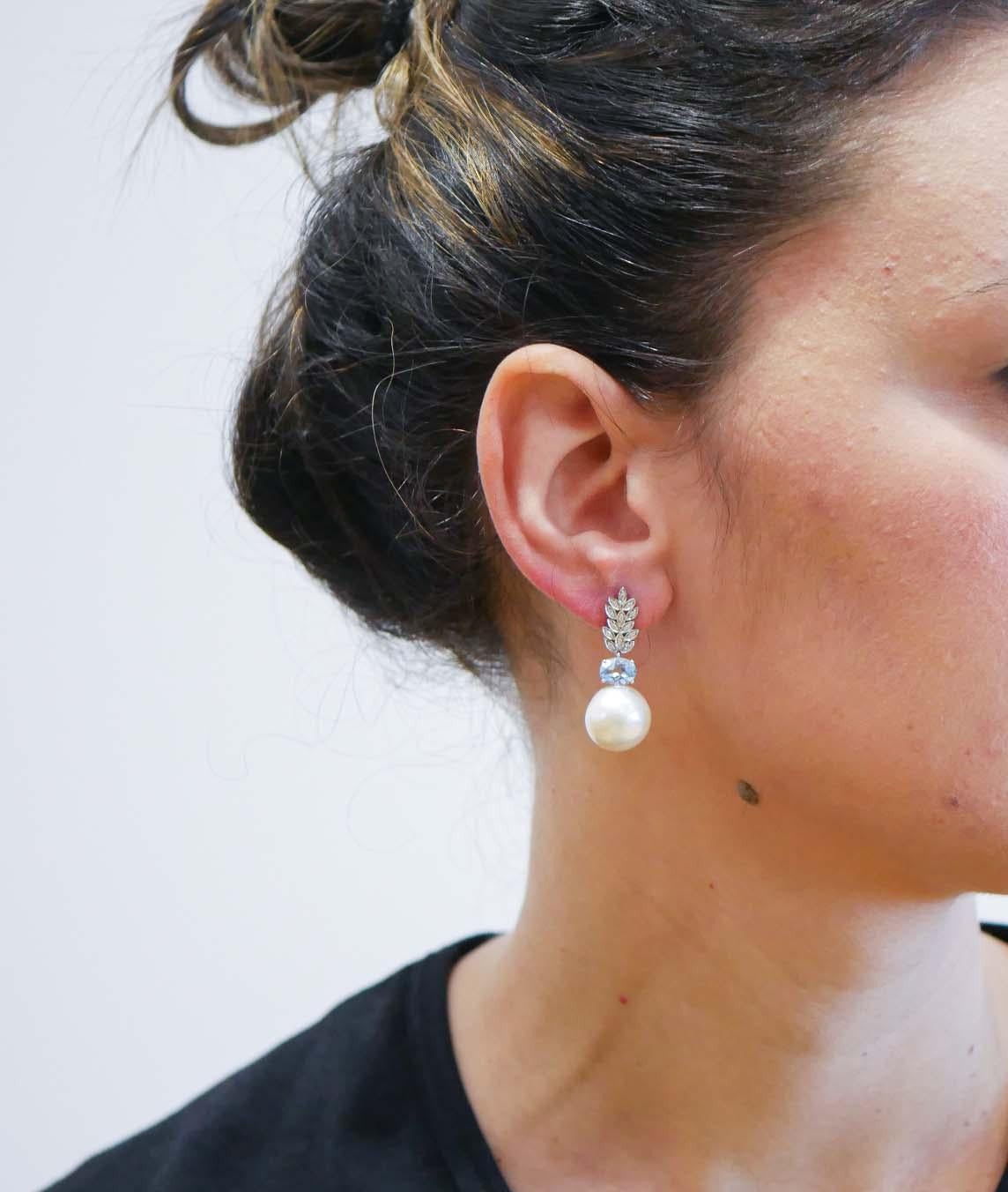 Mixed Cut 14 Mm White Pearls, Aquamarine Colour Topaz, Diamonds, 14 Kt White Gold Earrings For Sale