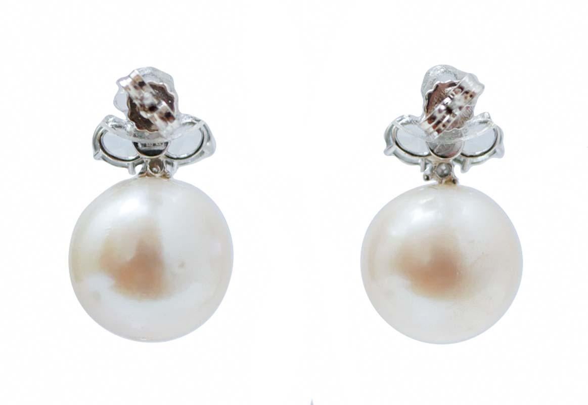 Pendiente Perlas Blancas 14 Mm, Topacios Color Aguamarina, Diamantes, Oro Blanco 14 Kt Retro