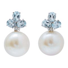 14 Mm White Pearls, Aquamarine Colour Topazs, Diamonds, 14 Kt White Gold Earring