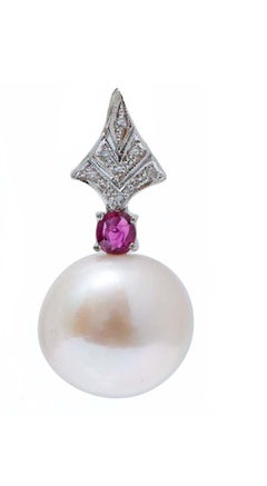 14 Mm White Pearls, Rubies, Diamonds, Platinum Earrings.