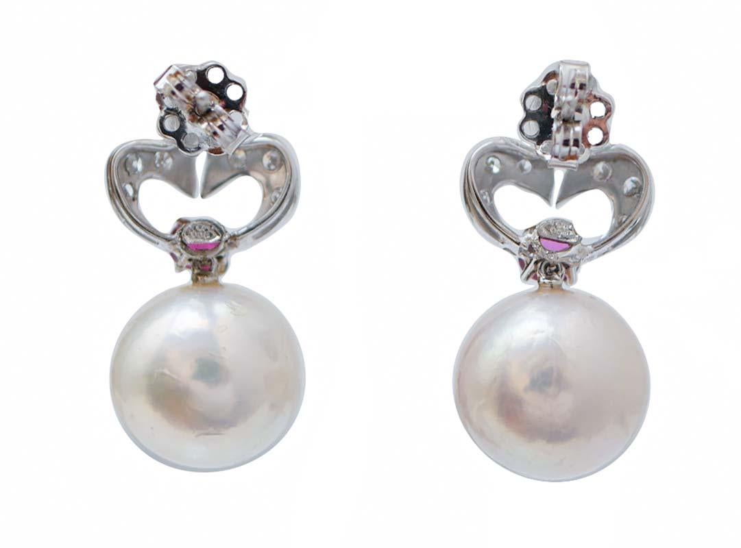 Mixed Cut 14 Mm White Pearls, Rubies, Diamonds, Platinum Earrings. For Sale
