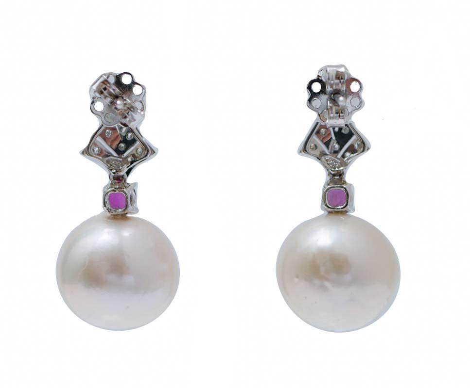 Retro 14 Mm White Pearls, Rubies, Diamonds, Platinum Earrings.