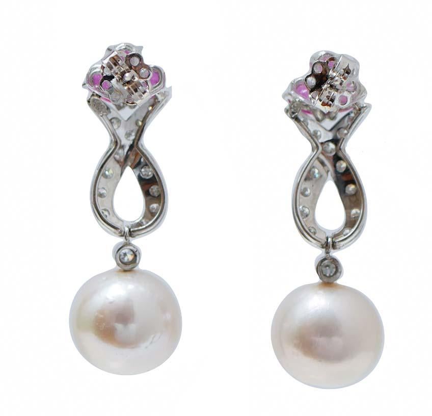 Retro 14 Mm White Pearls, Rubies, Diamonds, Platinum Earrings. For Sale