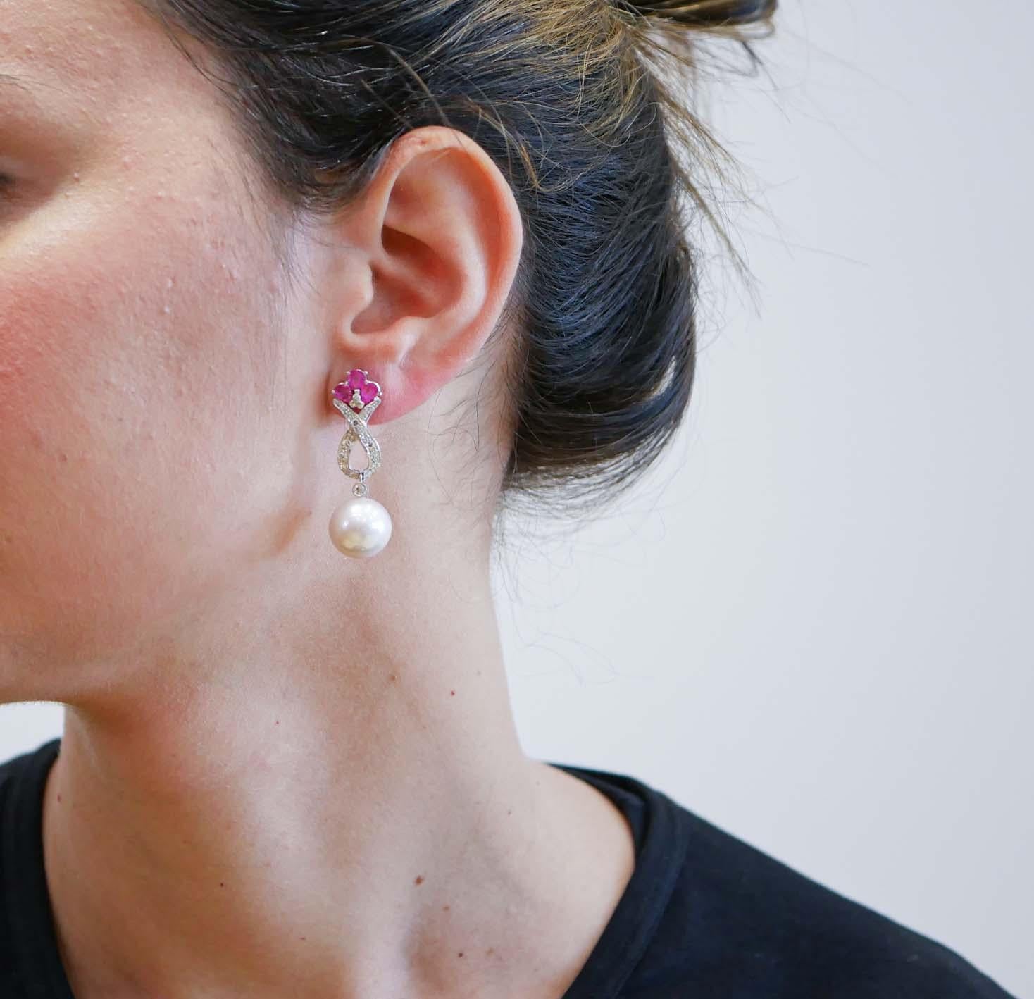 Mixed Cut 14 Mm White Pearls, Rubies, Diamonds, Platinum Earrings. For Sale