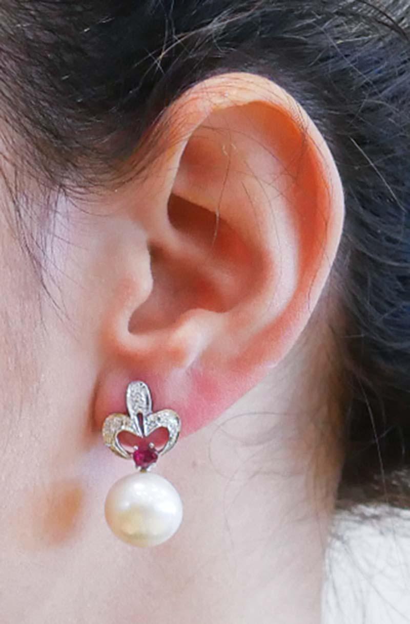 Women's 14 Mm White Pearls, Rubies, Diamonds, Platinum Earrings. For Sale