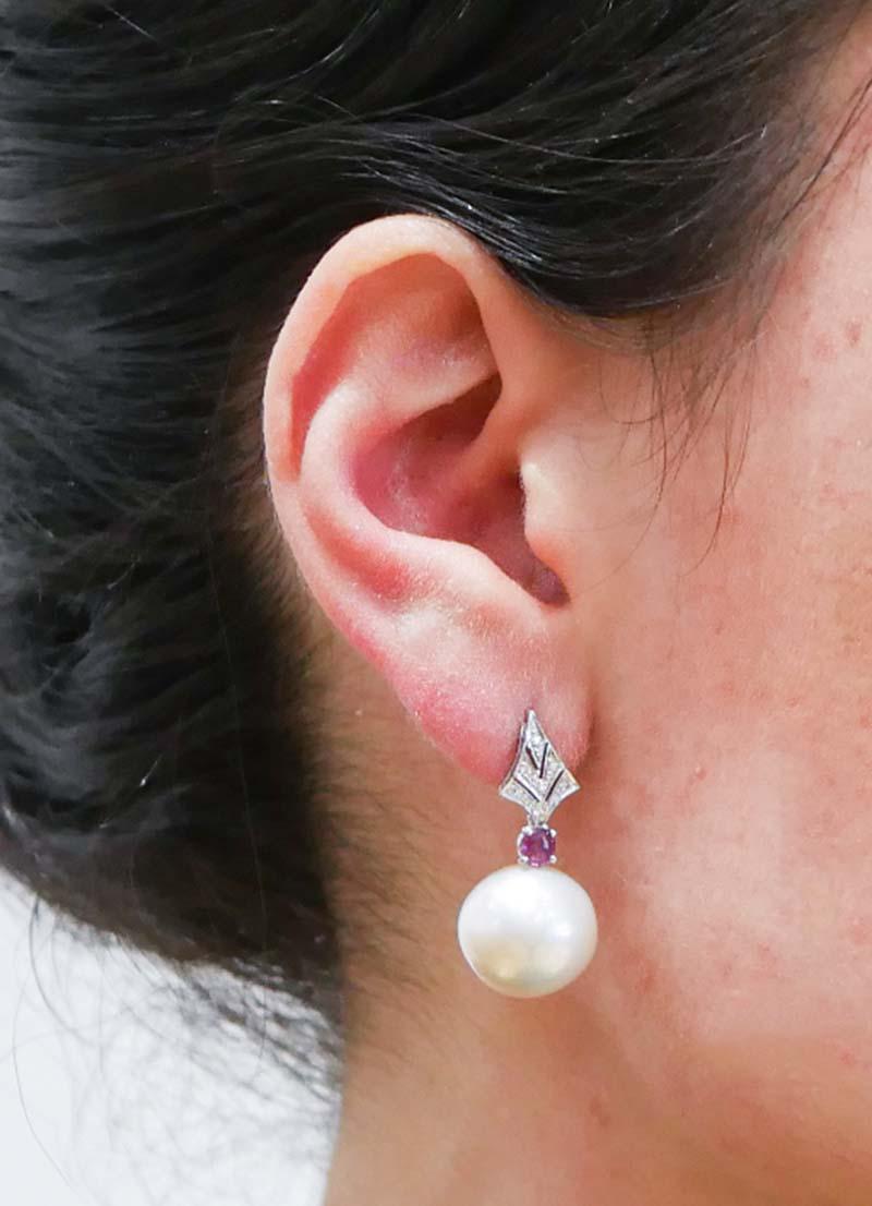 14 Mm White Pearls, Rubies, Diamonds, Platinum Earrings. In Good Condition In Marcianise, Marcianise (CE)