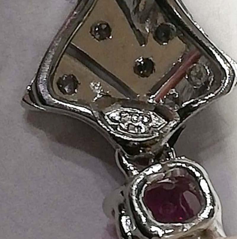 Women's 14 Mm White Pearls, Rubies, Diamonds, Platinum Earrings.