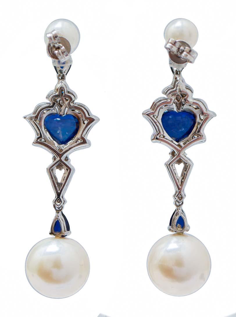 Retro 14 Mm White Pearls, Sapphires, Diamonds, 14 Karat White Gold Earrings. For Sale