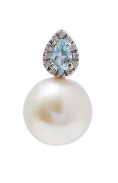 14 Mm White Pearls, Topaz, Diamonds, 14 Karat White Gold Earrings.