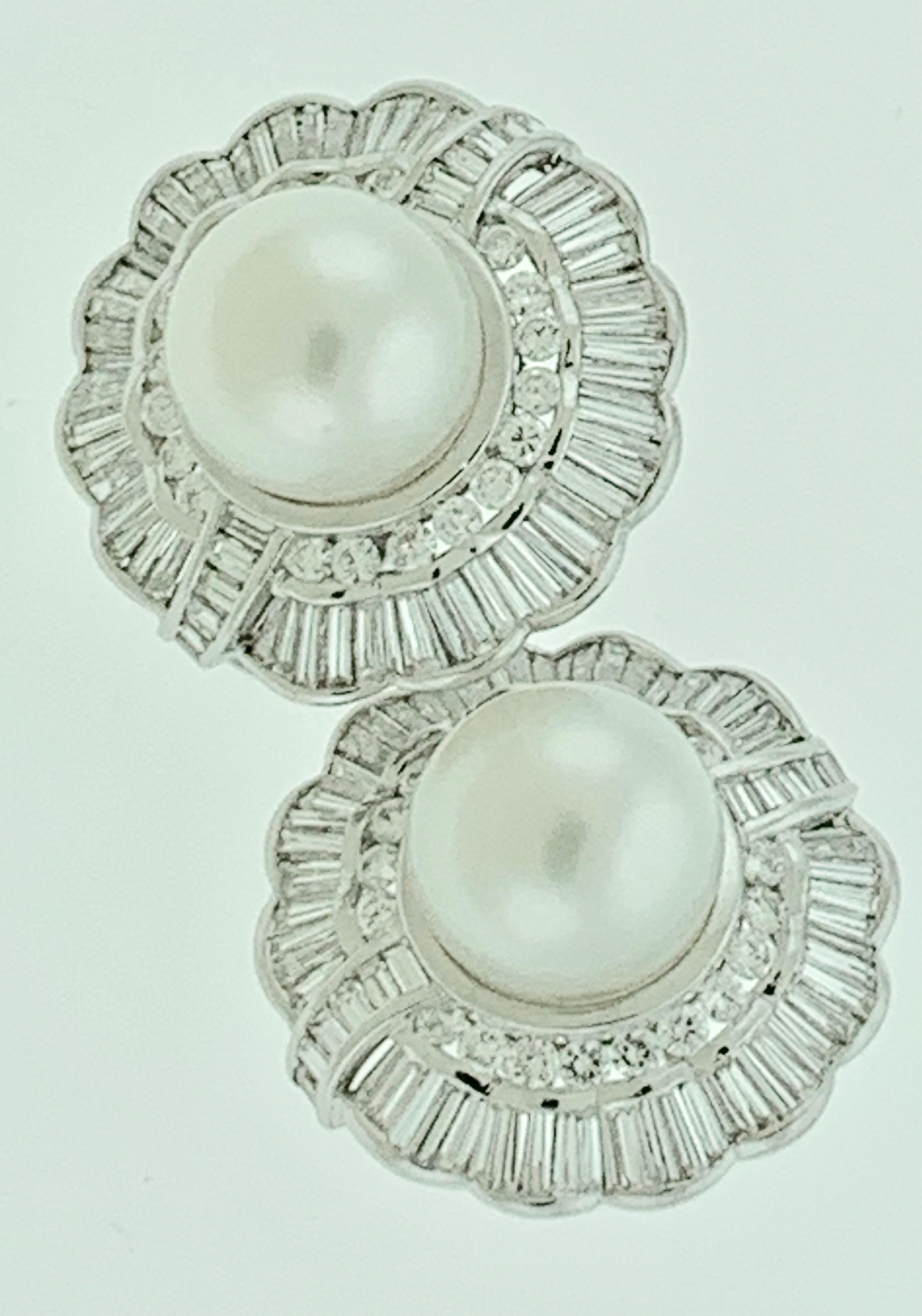 Women's White South Sea Pearl with 12 Carat Diamond Cocktail Earrings 18 Karat Gold