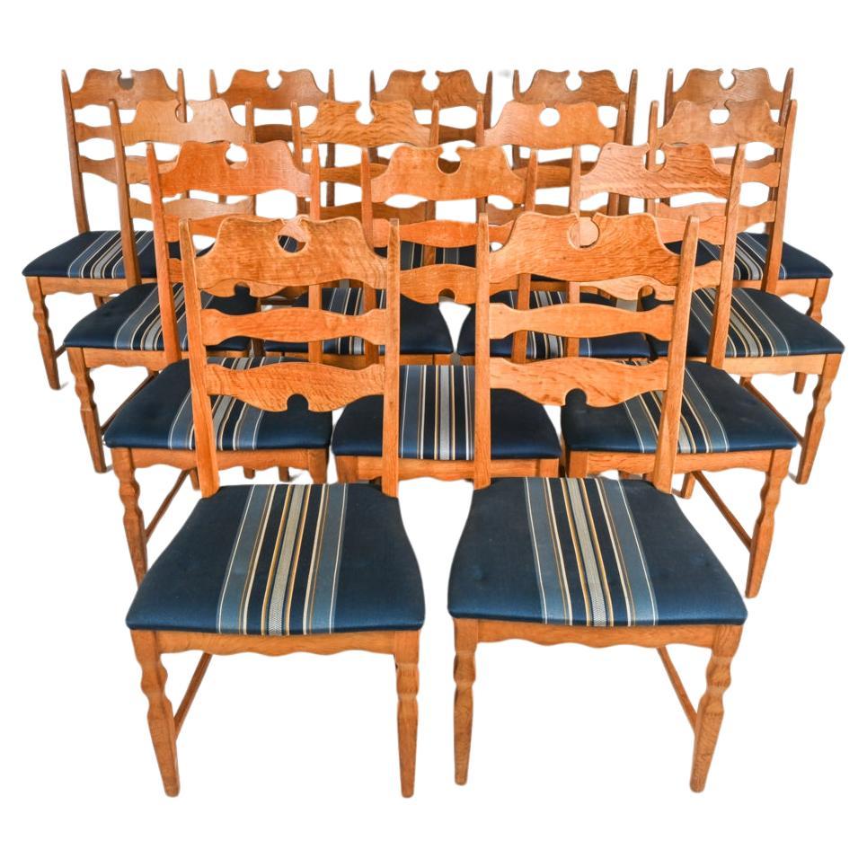 (14) Oak 'Razorback' Dining Side Chairs By Henning Kjaernulf, Denmark 1970's For Sale