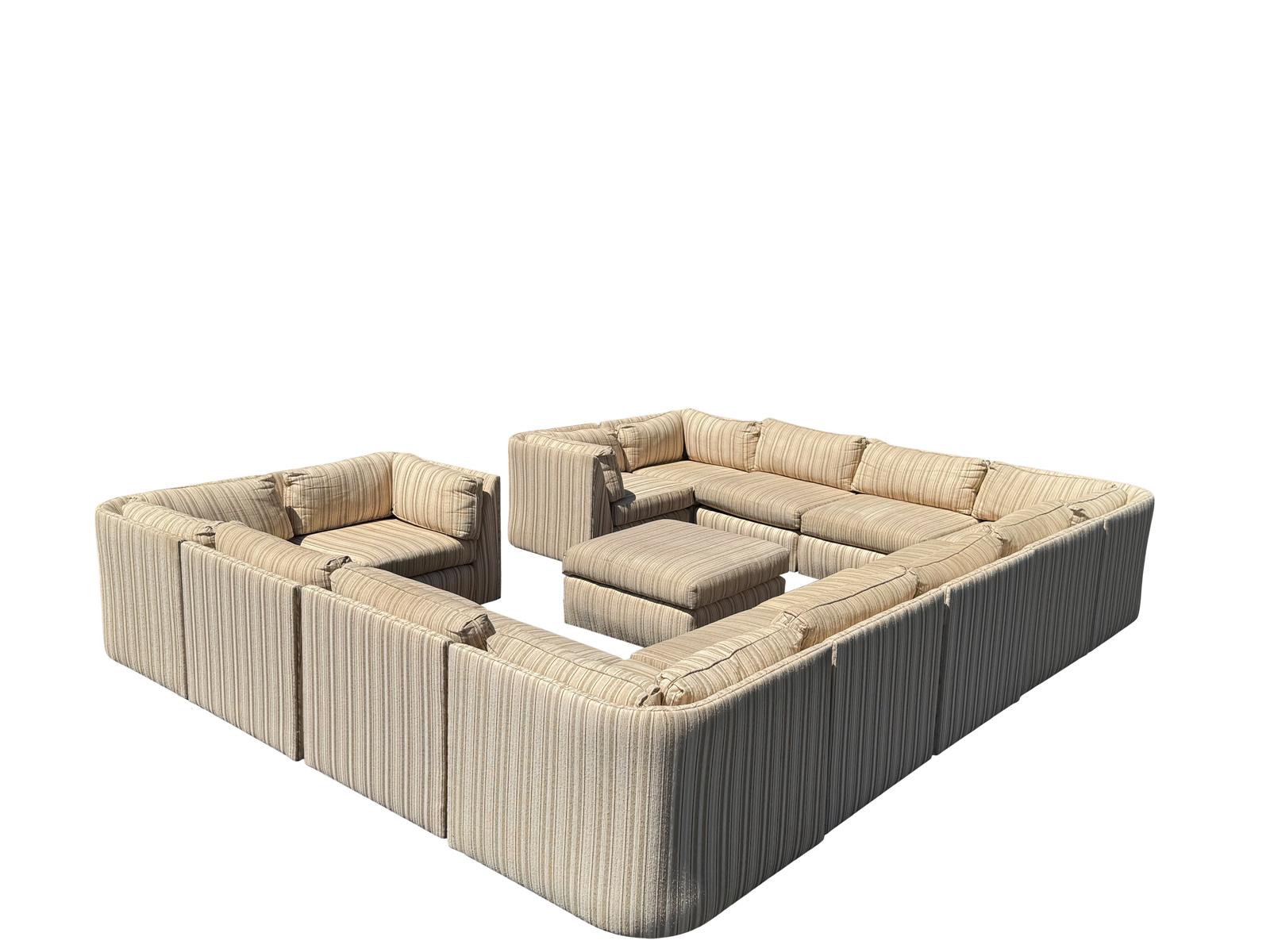 American 14 Piece Cubed Modular Curved Pit Sofa Circa 1980s For Sale