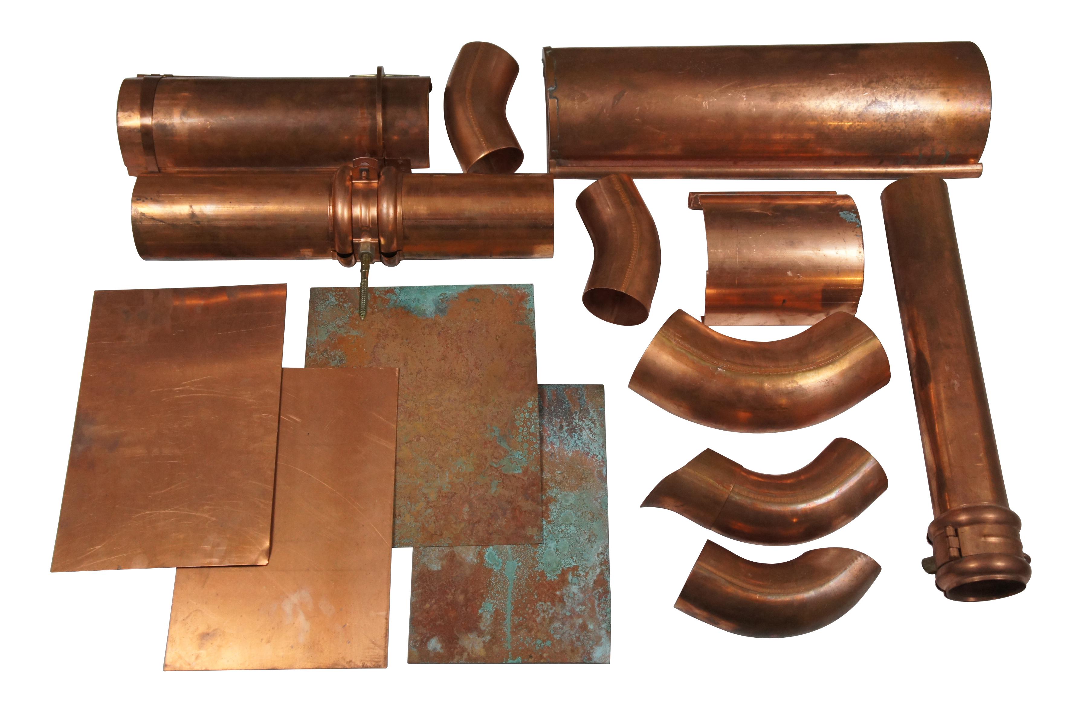 Late 20th century lot of 14 copper gutter / downspout pieces including: two small sections 6