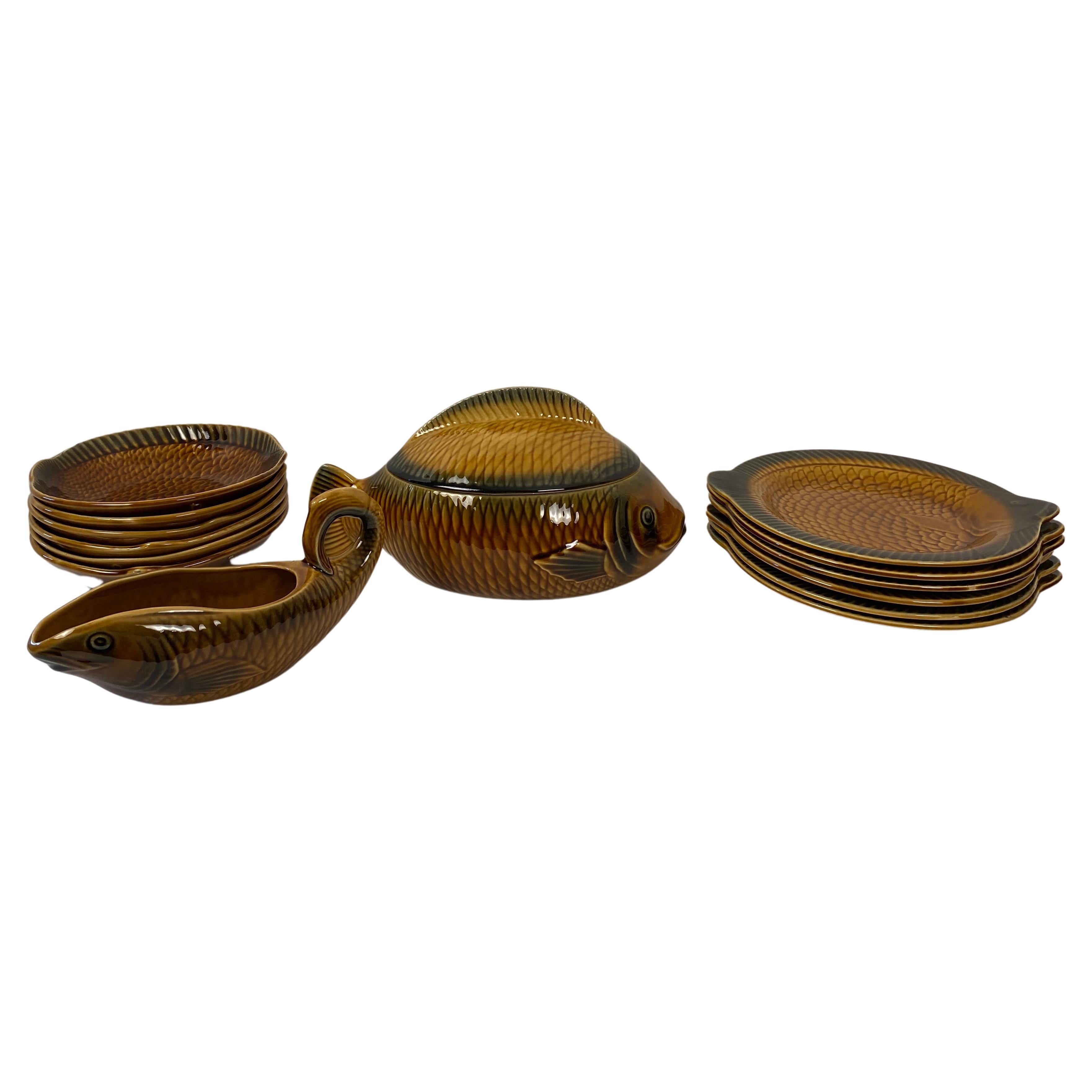 14 Piece Sarreguemines Majolica Fish Plates, Bowls, Soup Tureen and Sauce Boat