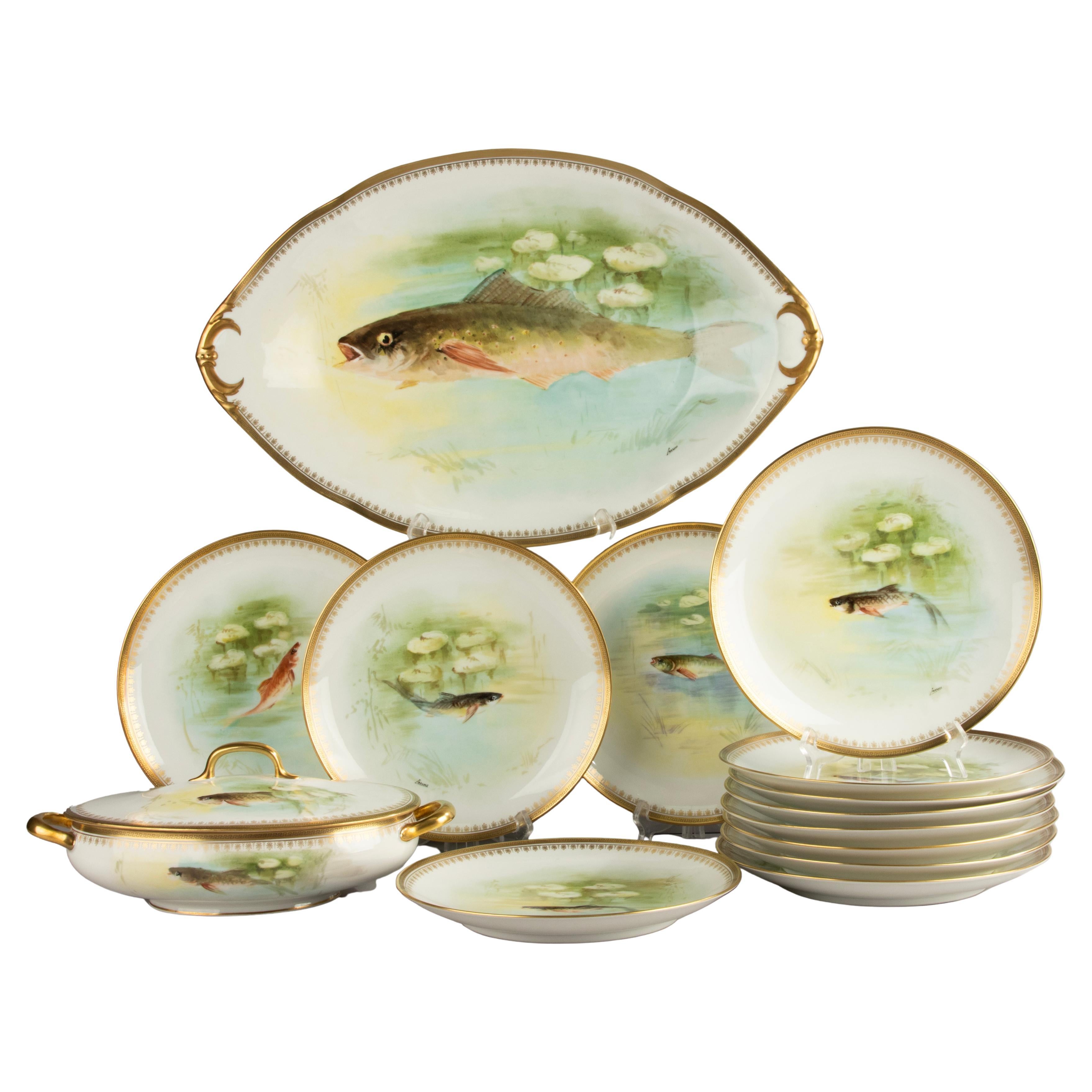 14-Piece Set Fish Service - Bernardaud Limoges Porcelain - 1920's