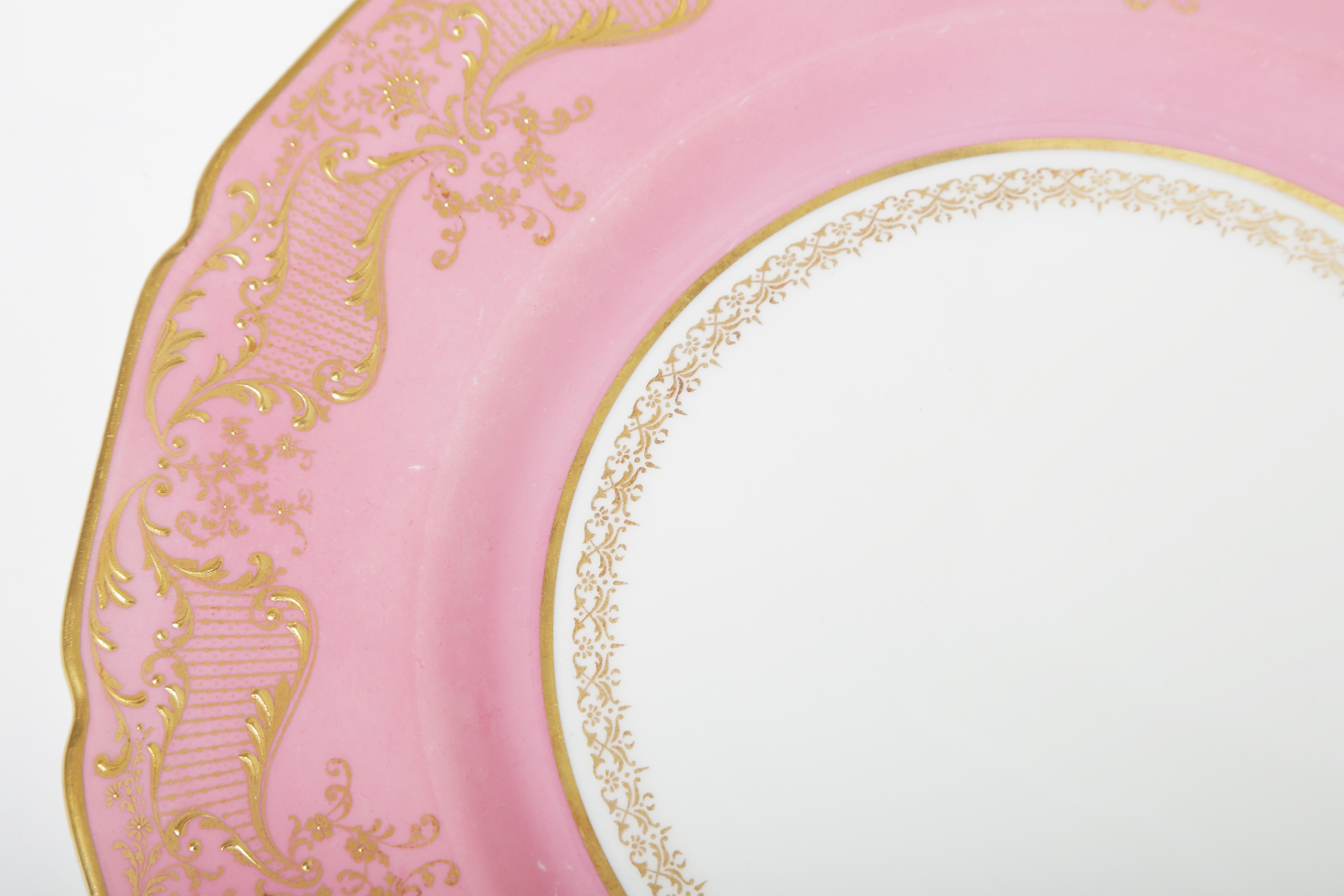 An exquisite set of dinner plates by one of our favorite Gilded Age Porcelain firms, Royal Doulton England. This generous set of 14 feature fine and ornate raised paste gilding on a very pretty pink collar. A Classic Robert Allen shape and crisp