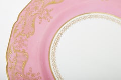 14 Pink Dinner Plates with Elaborate Raised Gilding, Antique English