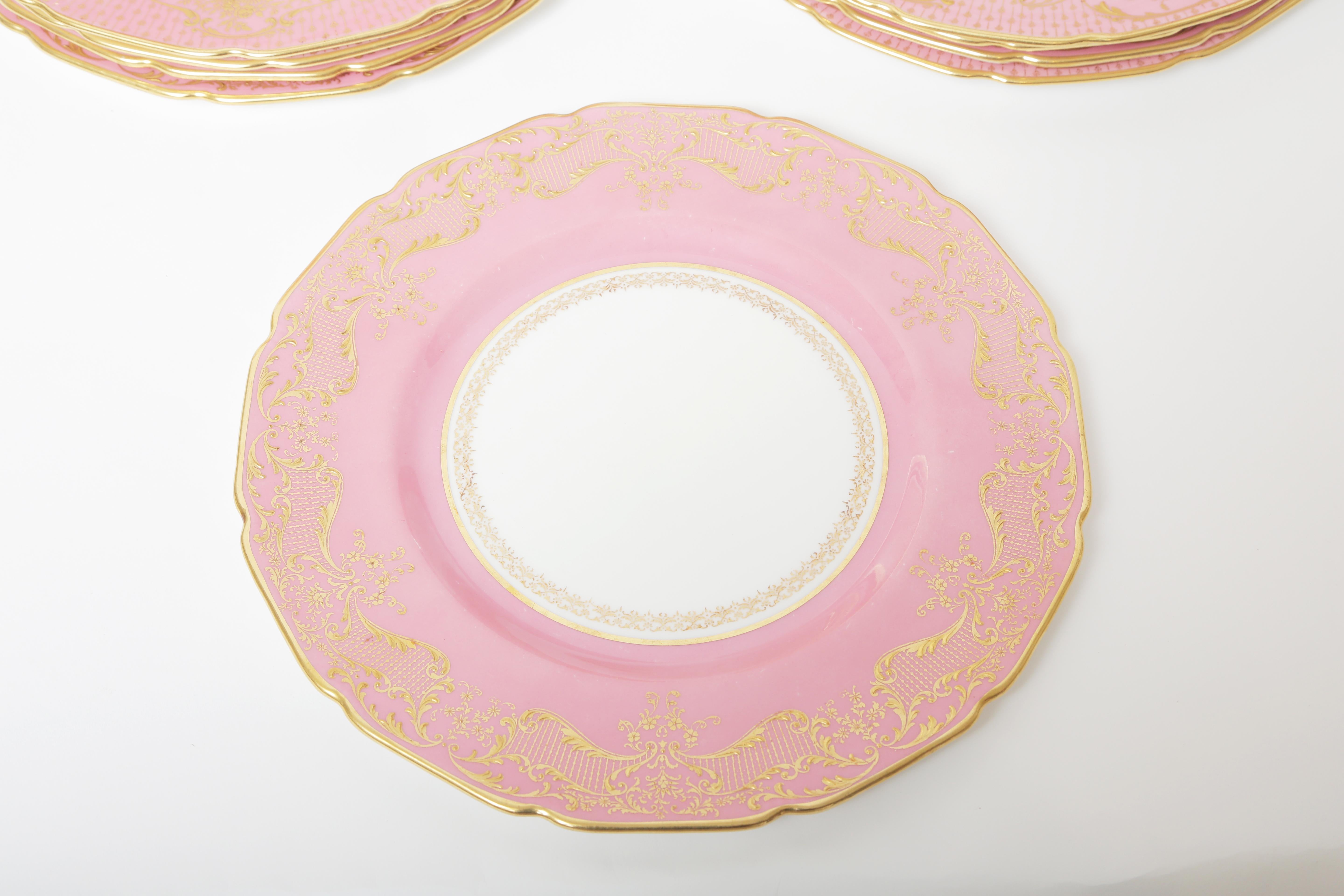 Hand-Crafted 14 Pink Dinner Plates with Elaborate Raised Gilding, Antique English