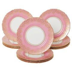 14 Pink Dinner Plates with Elaborate Raised Gilding, Antique English