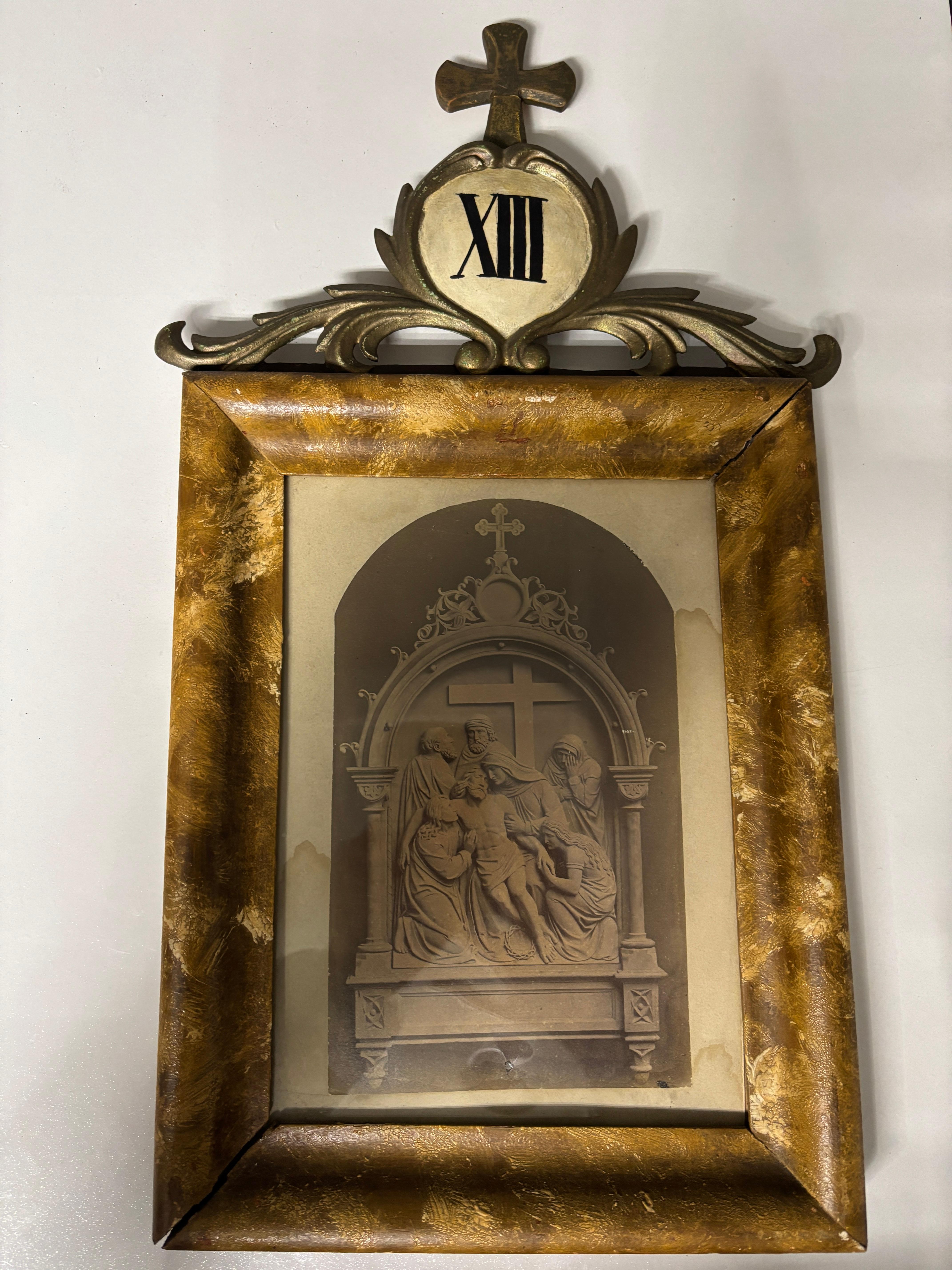 14 stazioni della Via Crucis, 1900 circa, Italia Florentine Litografia Croce in legno intagliato 5