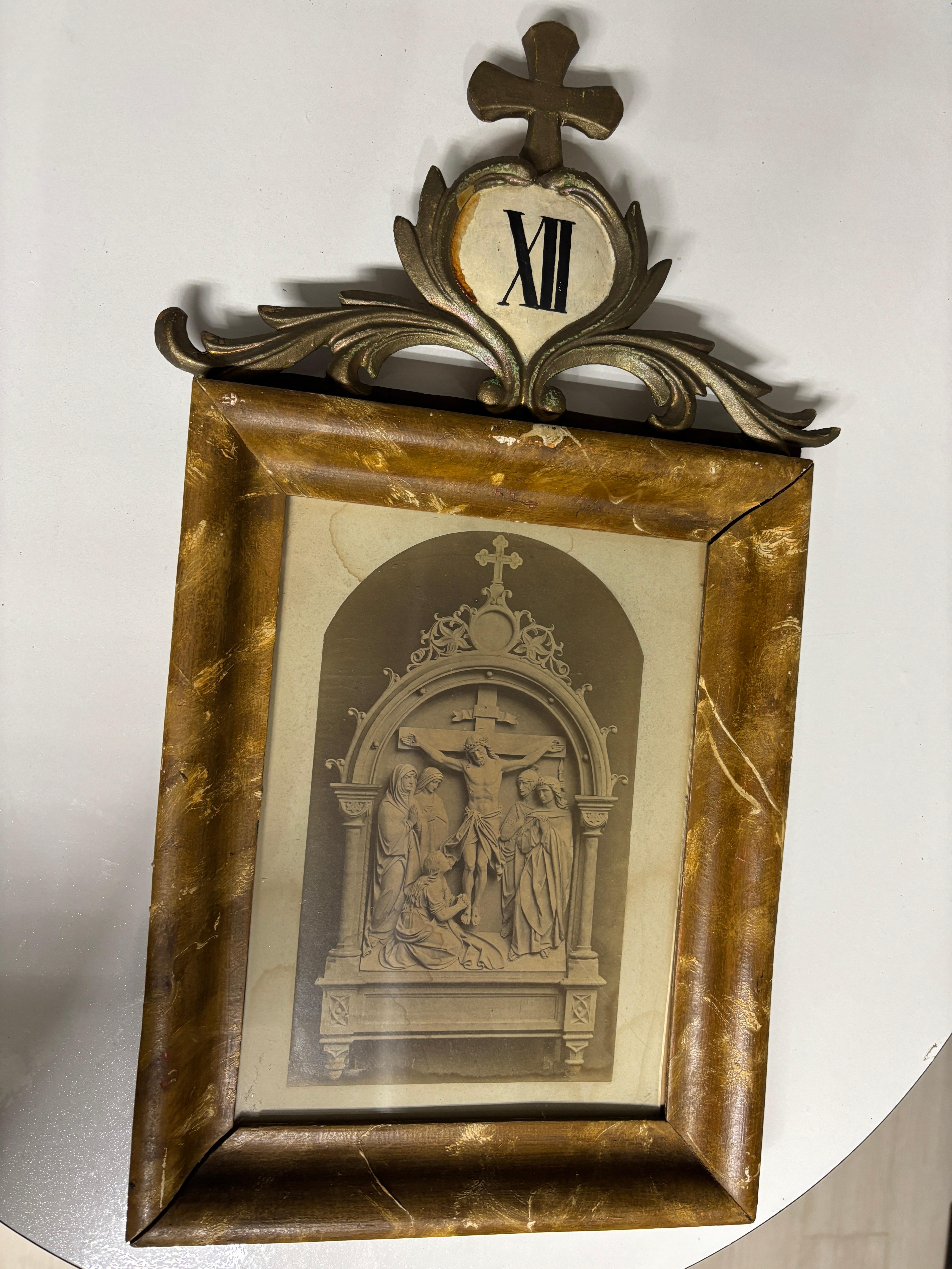 14 stazioni della Via Crucis, 1900 circa, Italia Florentine Litografia Croce in legno intagliato 8