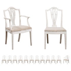 Antique 14 Swedish 1910s Painted Dining Chairs with Carved Splats and Tapered Legs