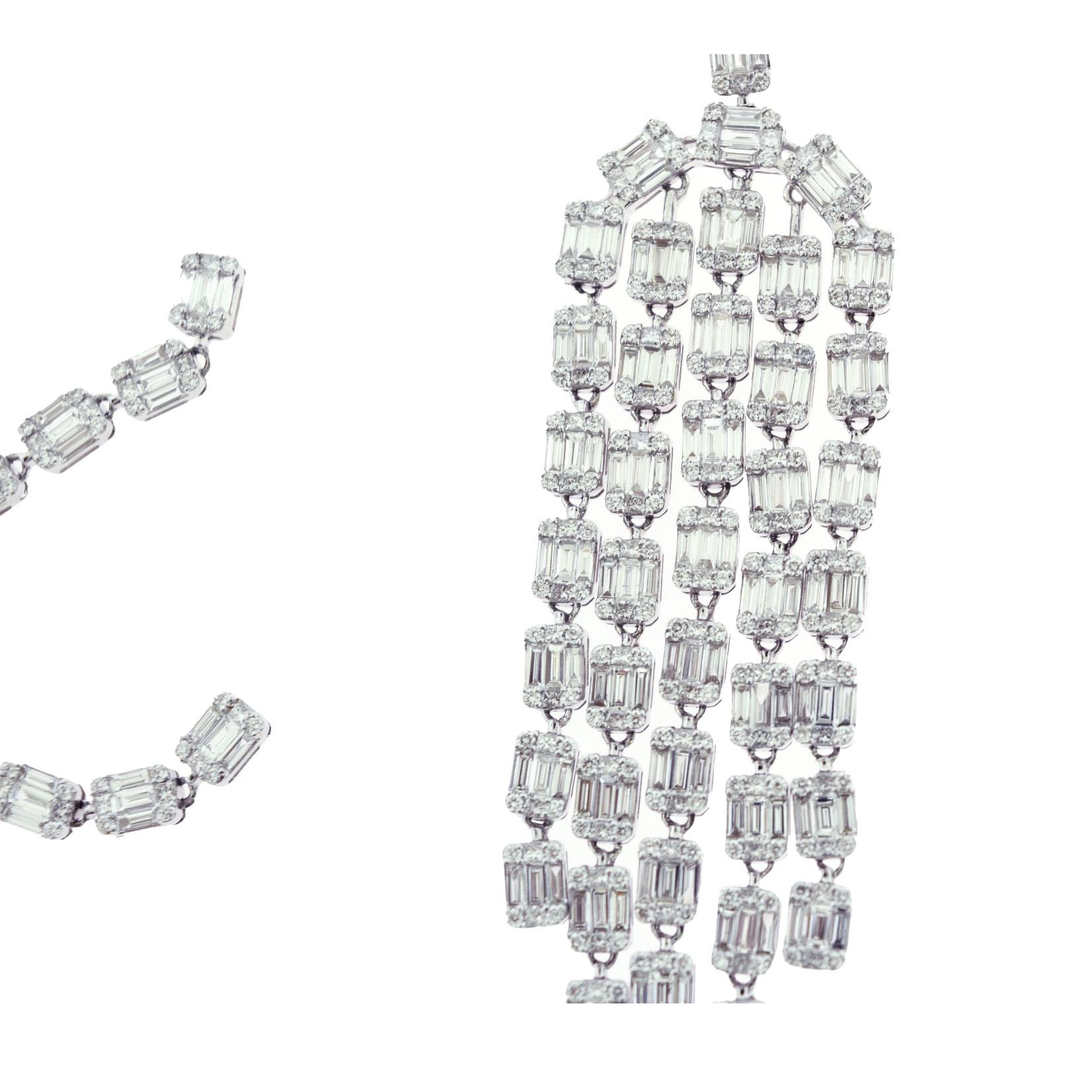 Baguette Cut 14 Carat Long Square, Round & Baguette Diamond Chandelier Earrings in White Gold