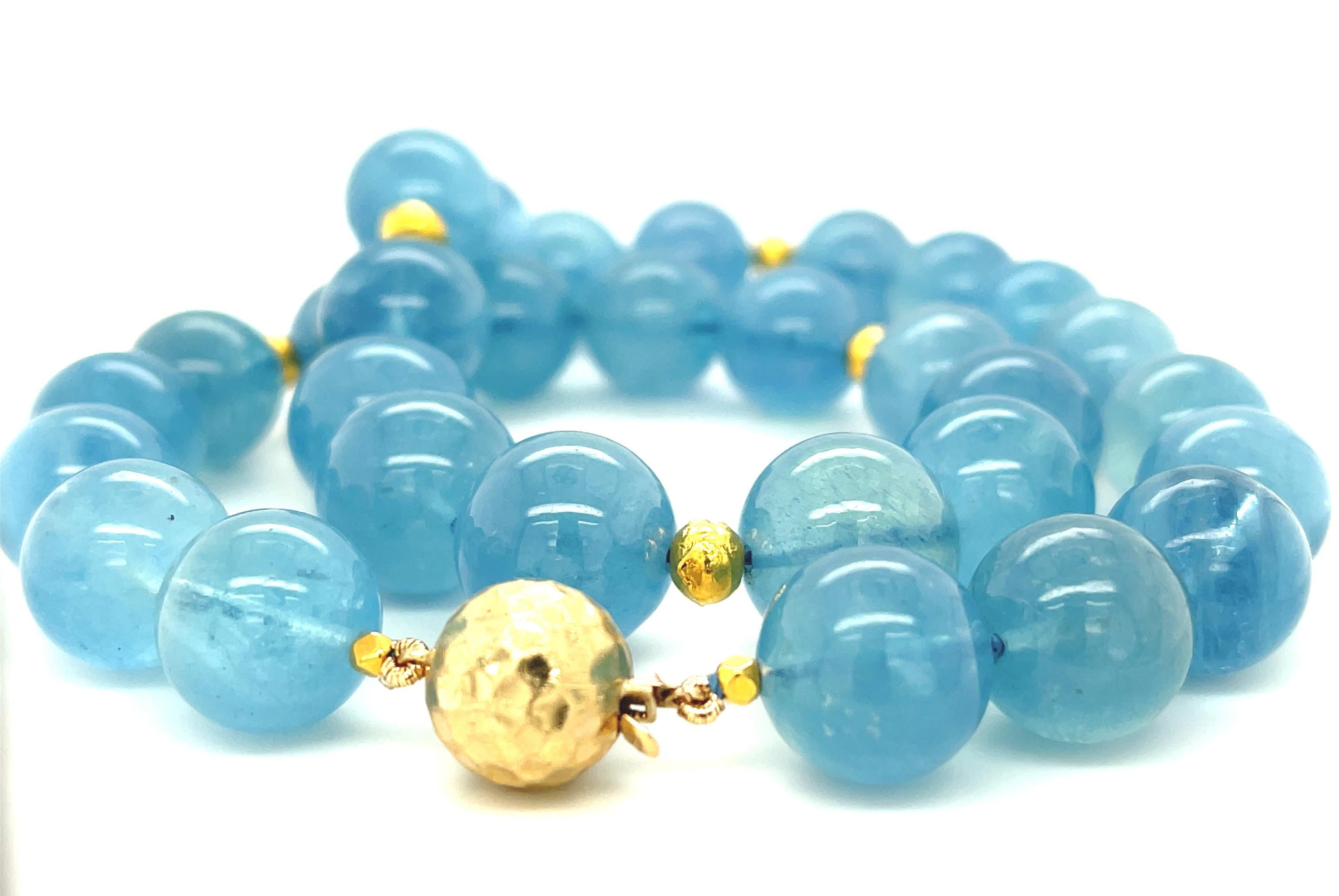 Artisan 14 to 15mm Round Aquamarine Bead Necklace with Yellow Gold Accents, 18.5 Inches For Sale