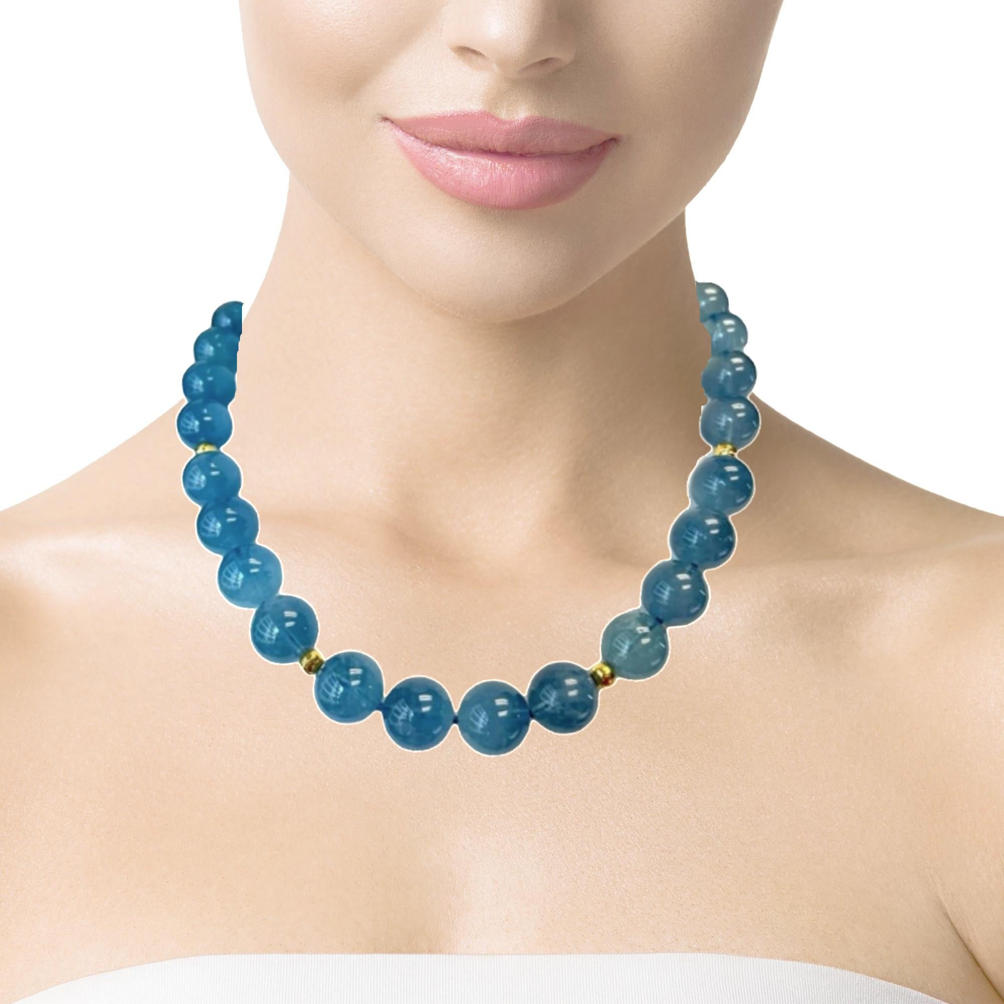 14 to 15mm Round Aquamarine Bead Necklace with Yellow Gold Accents, 18.5 Inches For Sale 2