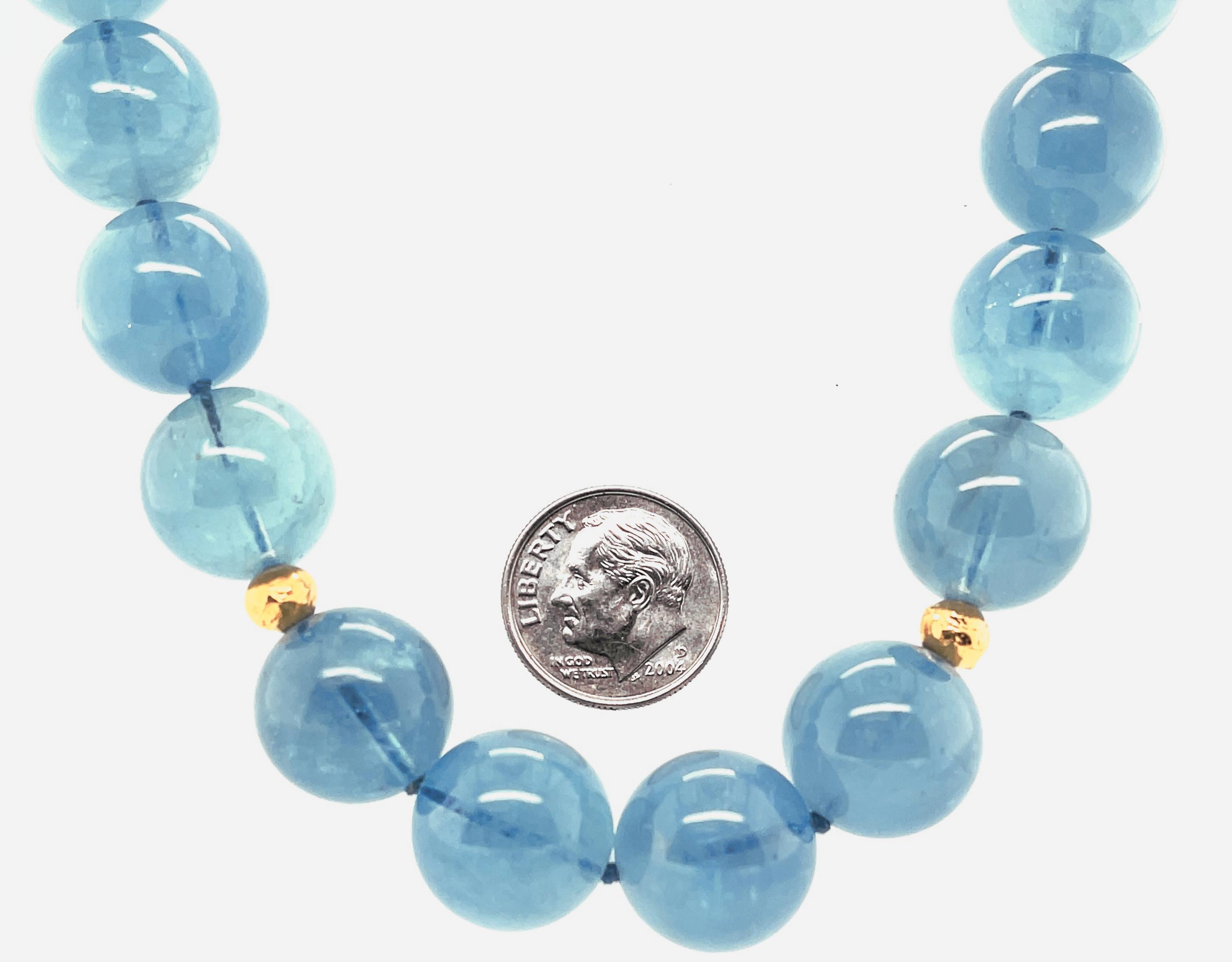 14 to 15mm Round Aquamarine Bead Necklace with Yellow Gold Accents, 18.5 Inches For Sale 1