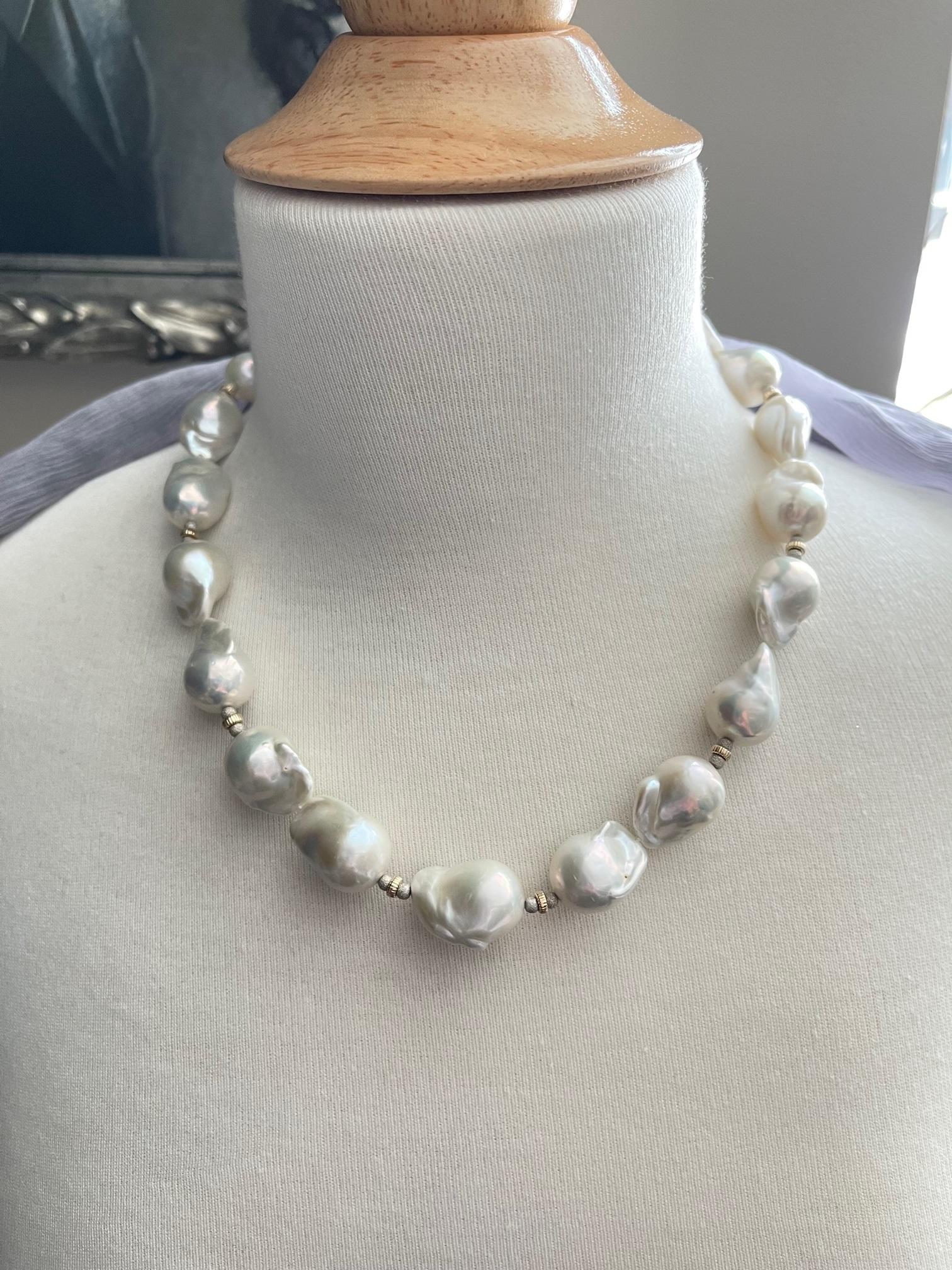 Women's or Men's 14.00 to 16.00mm White Baroque Freshwater Pearl and White Gold Necklace For Sale