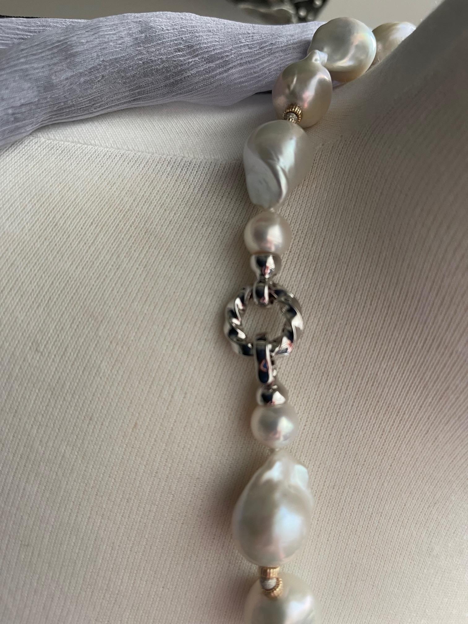 Uncut 14.00 to 16.00mm White Baroque Freshwater Pearl and White Gold Necklace For Sale