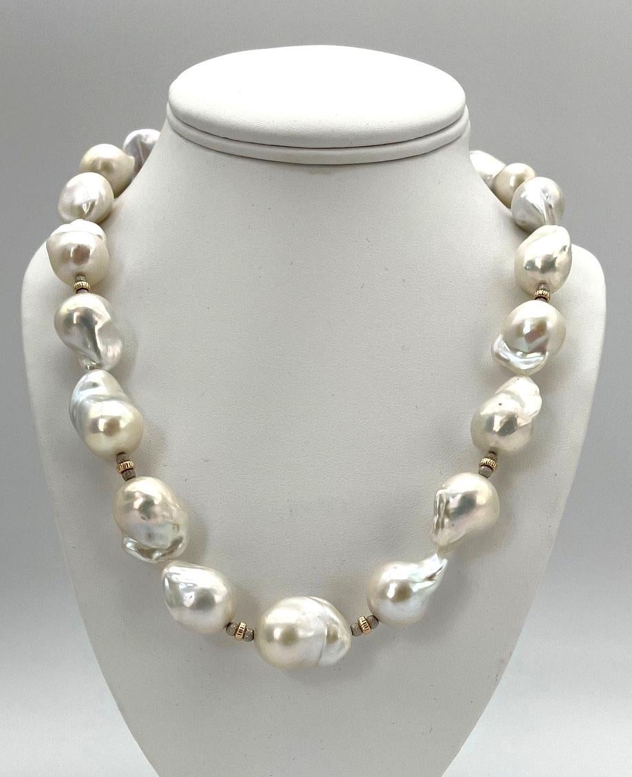 14.00 to 16.00mm White Baroque Freshwater Pearl and White Gold Necklace For Sale 1